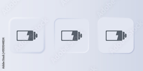 Grey Battery charge level indicator icon isolated on grey background. Set icons in square buttons. Vector