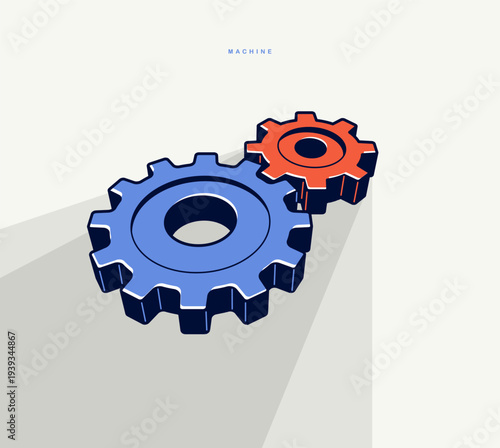 Engineering machine concept poster, gears and cogs vector icon style poster, effective automation.
