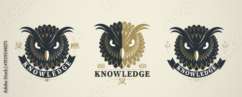 Owl symbol of education and learning set, representing of intelligence, focus and discipline, ideal for academic institutions, courses, training platforms and knowledge-based brands.