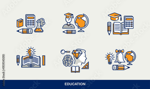 Education vector icons set, school study of science, university and academy learning, different disciplines knowledge.