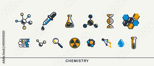 Chemistry vector detailed icons set, molecules and flasks laboratory experiment, science theme bundle.