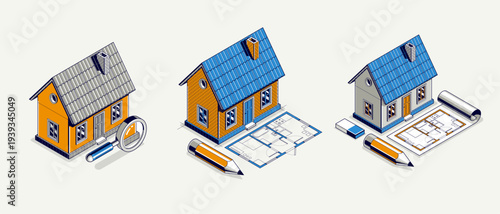Cottage house for rest project concept set, 3D isometric vector illustration of a small house building project, countryside small house cabin in village or nature.