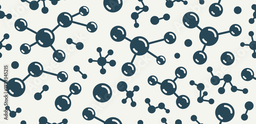 Molecules seamless background, vector tiling endless repeat pattern with different molecules, chemistry and pharmacology theme, elements easy to use separately as an icons or illustrations.