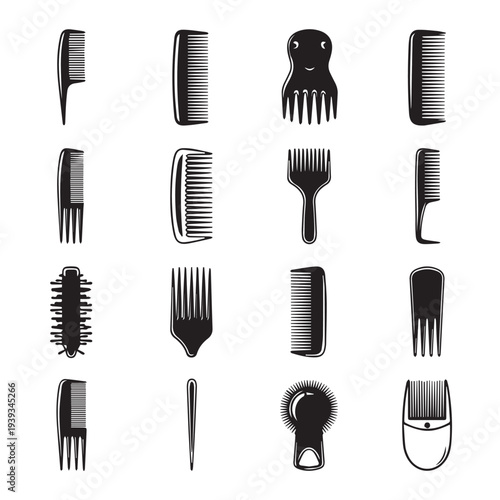 Collection of Diverse Hair Combs and Styling Tools Silhouettes on White Background