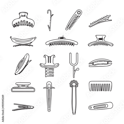Collection of Diverse Hair Styling Clips and Combs Hand Drawn Line Art Style