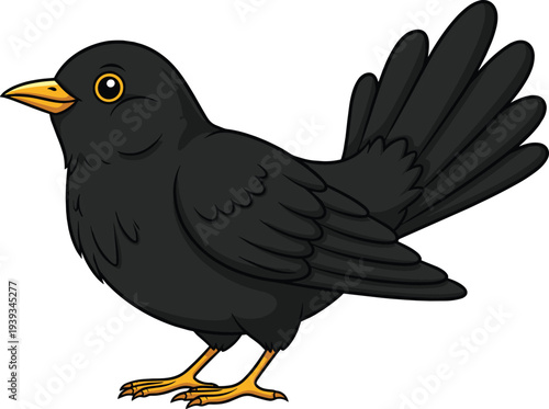 Cartoon blackbird with yellow beak and expressive eye, cad drawing flat vector illustration, bird character design, children’s educational art