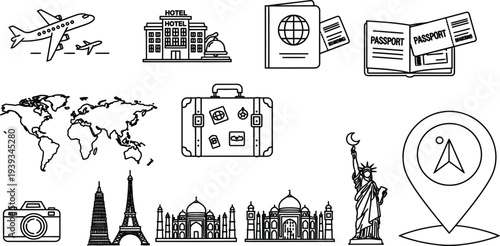 Travel Icons: Airplane, Hotel, Passport, World Map, Suitcase, Landmarks