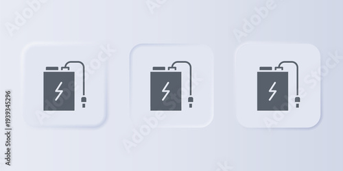 Grey Power bank with different charge cable icon isolated on grey background. Portable charging device. Set icons in square buttons. Vector