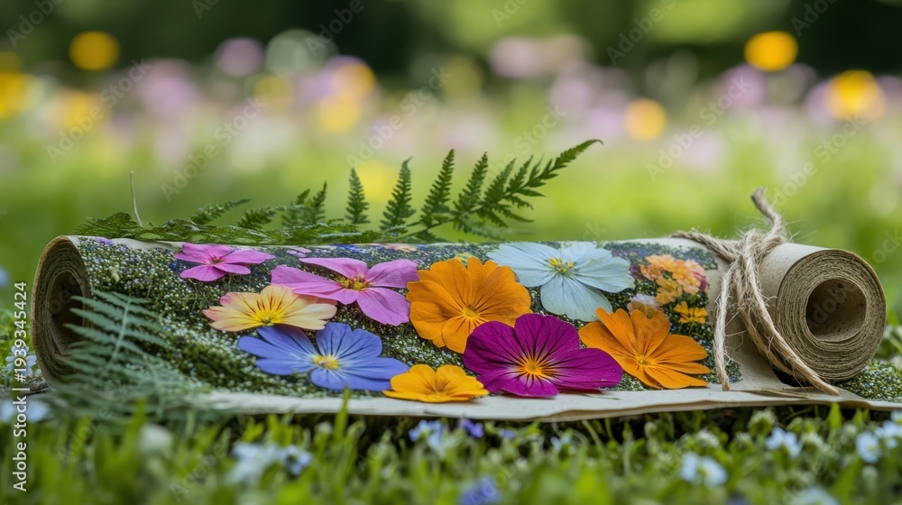 Fototapeta premium A rolled scroll of plantable wildflower seed paper adorned with colorful pressed flowers and a delicate fern in a vibrant garden setting