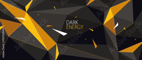 Black and yellow low poly vector abstract background with explosion of flying debris particles, 3D surface decay in motion, dynamic polygonal abstraction.