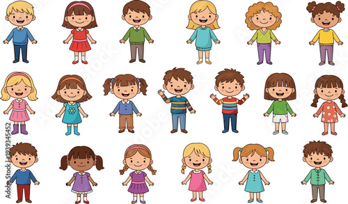 Cartoon children diverse group, happy kids illustration, multicultural boys girls, colorful outfits, cheerful expressions, educational vector, cad drawing flat vector illustration