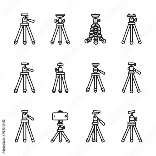 Collection of Diverse Tripod Icons for Photography and Videography Support Line Art
