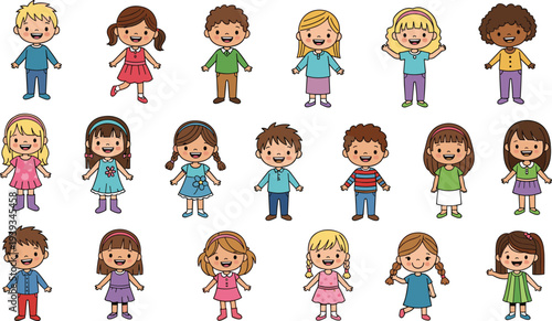 Cartoon children group illustration, diverse kids, colorful outfits, playful style, educational theme, cad drawing flat vector illustration