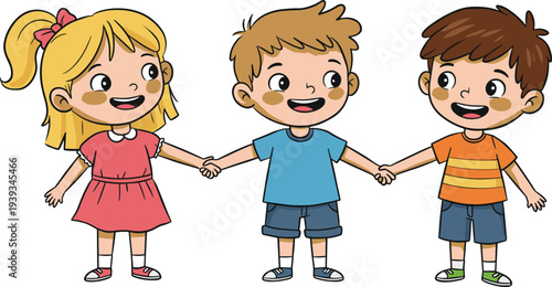 Cartoon children holding hands, happy kids illustration, friendship concept, diverse group, colorful design, cad drawing flat vector illustration