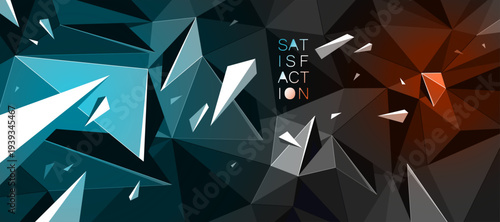 Dark low poly vector abstract background with color spotlights, black polygonal abstraction with decay motion of flying particles, 3D dynamic art.