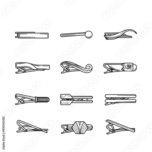 Collection of Diverse Tie Clips and Bar Styles Clean Line Art Isolated