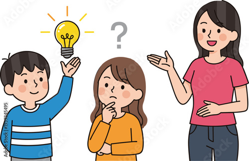 Cartoon children learning with teacher, idea bulb, question mark, education concept, problem solving, flat vector illustration, cad drawing style