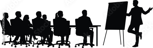 Business meeting, corporate training, team discussion, seminar presentation, office collaboration, classroom lecture, professional workshop, leadership coaching, cad drawing flat vector illustration