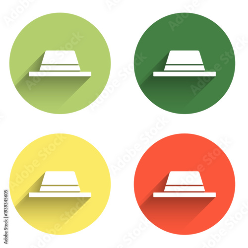 Set Man hat with ribbon icon isolated with long shadow background. Color circle button. Vector