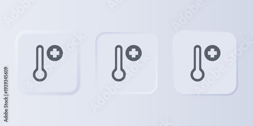 Grey Meteorology thermometer measuring icon isolated on grey background. Thermometer equipment showing hot or cold weather. Set icons in square buttons. Vector