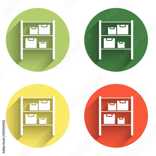 Set Warehouse icon isolated with long shadow background. Color circle button. Vector