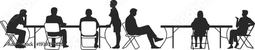 Business meeting people silhouette vector, team discussion at table, office workers collaboration conference communication workplace partnership isolated illustration