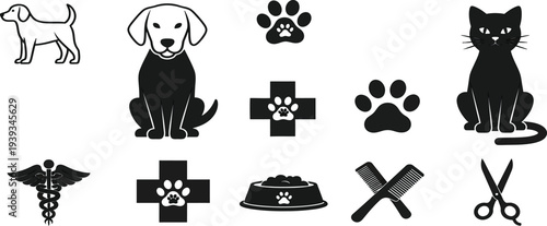 Pet Care Icons: Dog, Cat, Paw Prints, Vet Cross, Food Bowl, Grooming & Medical Symbols