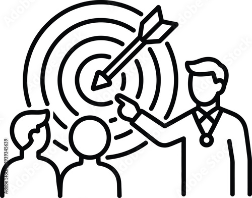 Vector of a person pointing at a target board with an arrow while teaching a group of people