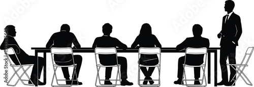 Business meeting silhouette vector, corporate teamwork illustration, leadership pose artwork, office conference design, cad drawing flat vector illustration