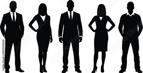 Business team silhouette, corporate professionals, gender diversity, teamwork concept, leadership unity, office staff illustration, cad drawing flat vector illustration