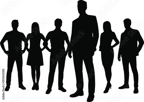 Business team silhouettes standing confidently together, corporate professionals group isolated on white background, leadership teamwork concept illustration