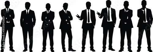 Businessman silhouette lineup, professional poses collection, corporate body language concept, office attire illustration, cad drawing flat vector illustration