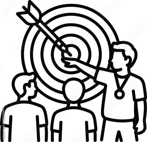 Vector of a man demonstrating archery technique to a group of seated people in front of a target