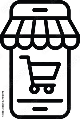 Shopping cart vector icon displayed on a smartphone screen under a stylized awning