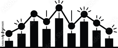 Black and white vector icon of a bar chart with a line graph overlay, featuring glowing data points representing growth and analysis for business and finance.