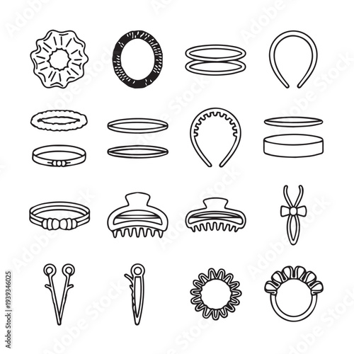 Collection of Hair Accessories Line Art IconsTop View