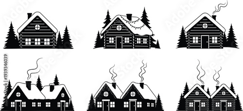 Cabin silhouette illustrations with pine trees, black and white winter vector art, cozy forest homes with smoke and seasonal charm