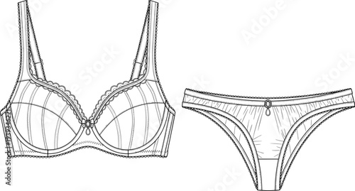 CAD drawing flat vector illustration of lingerie set, bra and panties, fashion technical sketch, garment design template, intimate apparel