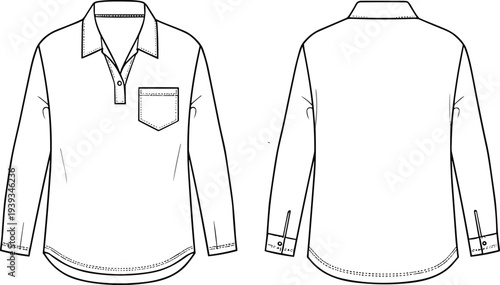 CAD drawing flat vector illustration of long-sleeve shirt, fashion technical sketch, garment design template, apparel mockup, clothing construction