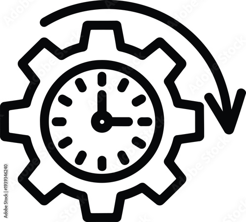 Vector of a clock inside a gear with a circular arrow indicating time management and efficiency.
