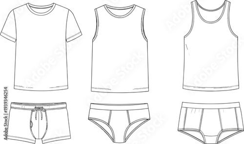 CAD drawing flat vector illustration of men's underwear and tops, fashion technical sketch, garment design template, apparel mockup