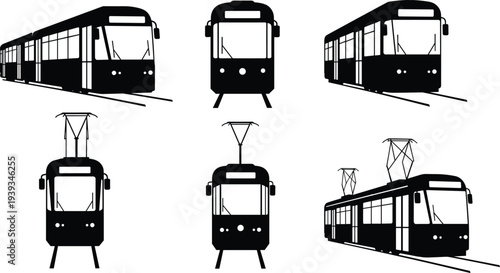 Cad drawing flat vector illustration of modern tram, electric streetcar, public transport, urban railway vehicle, front and perspective view silhouettes