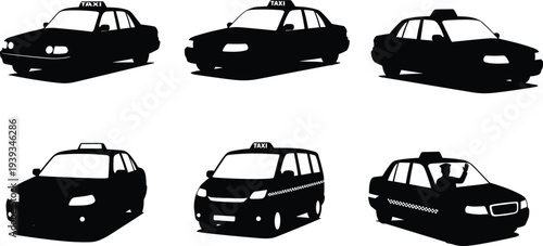 Cad drawing flat vector illustration of taxi car silhouettes, modern city cabs, black transport vehicles, driver figure, urban transportation design