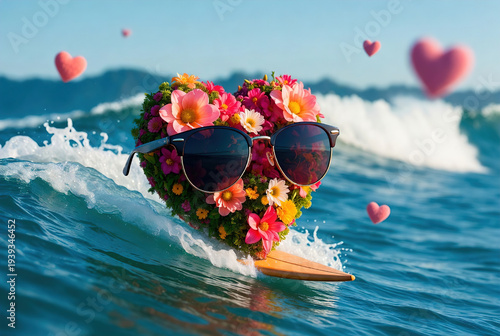 Flower-decorated heart in sunglasses surfing on ocean waves under a blue sky. This romantic and symbolic photography is perfect for travelling,wedding and wellness themes.