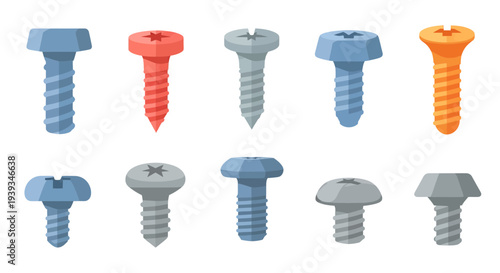 Screws Vector Illustration, Fasteners Flat Design, Hardware Tools for Construction and Repair, Isolated