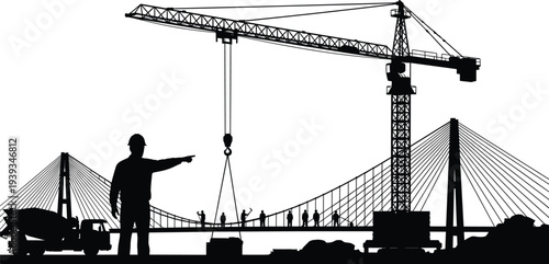 Black and white silhouette of construction site featuring industrial crane, concrete mixer truck, and workers building a modern cable stayed bridge