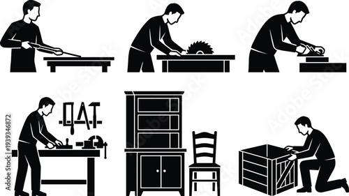 Black and white carpentry silhouette set showing professional woodworker using circular saw hand plane and building furniture in workshop studio