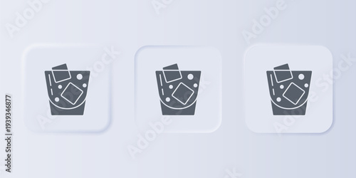 Grey Glass of whiskey and ice cubes icon isolated on grey background. Set icons in square buttons. Vector