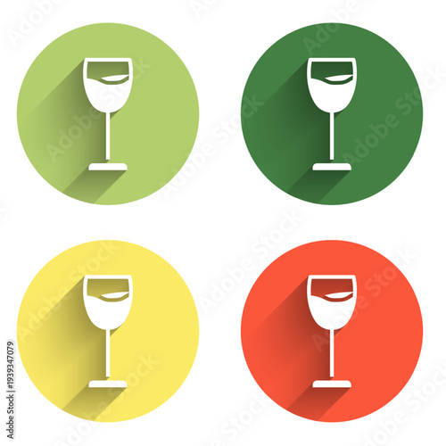 Set Wine glass icon isolated with long shadow background. Wineglass sign. Color circle button. Vector