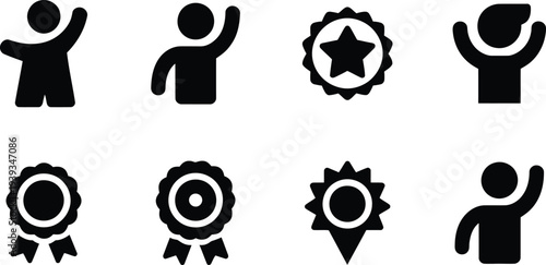 Set of 8 Black Silhouette People and Award Icons Vector for Achievement, Success, and Recognition Graphics